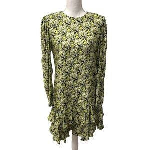 Brogger Ruffle‎ Mini Dress Womens Large Yellow Floral Long Sleeve Silk Party